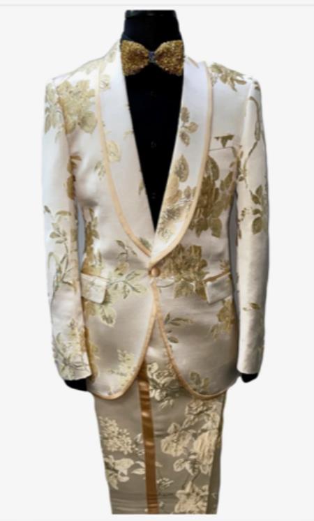 White and Gold Prom 2026 Suits - Gold Tuxedo Jacket - 38 Short Jacket+32 Waist Adjustable 28to34)(Height: 5’4”to5’7”)(Neck 15-16.5)S-M)