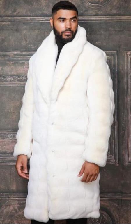 Mens Fashion Ivory Faux Fur Overcoat-New Designer Collection - Coat Size 38