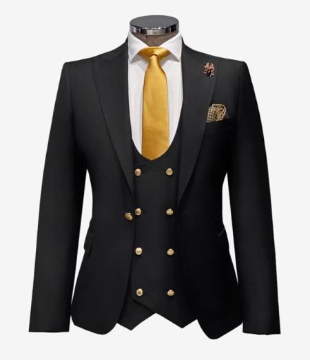 Black Mens Double Breasted Slim-fit Suit With Gold Buttons 46 Long Double Breasted Vest - 38 Short Jacket+32 Waist Adjustable 28to34)(Height: 5’4”to5’7”)(Neck 15-16.5)S-M)