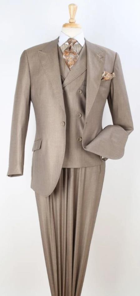 Classic Wool Fabric Fit - Pleated Pants - Peak Lapel With Double Breasted Vest - Athletic Fit Camel Mens Suit - 38 Short Jacket+32 Waist Adjustable 28to34)(Height: 5’4”to5’7”)(Neck 15-16.5)S-M)