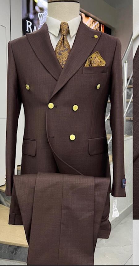 Mens Double Breasted Suits Gold Buttons -  Brown Suit - Double Breasted Blazer-New Designer Collection - 36 Regular Jacket+30 Waist Adjustable 26to32)Height: 5'7"-6')(Neck: 14.5-16:S)