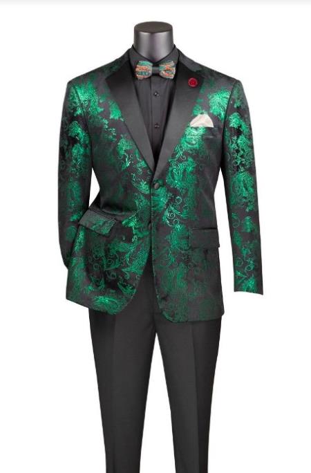 Emerald Green Paisley Tuxedo Suit - Prom 2026 Floral Tuxedo Suit - Groom Wedding Suit - Small 14.5” Neck / 32-33” Sleeve