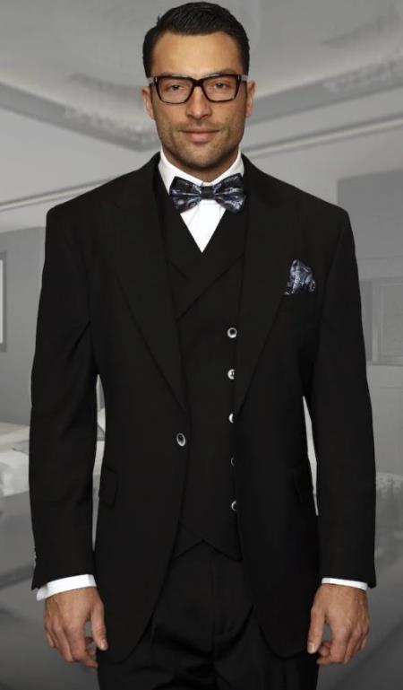 Big and Tall Suits - 100% Wool Suit - Peak Lapel Classic Fit - Pleated Pants - Black - 38 Short Jacket+32 Waist Adjustable 28to34)(Height: 5’4”to5’7”)(Neck 15-16.5)S-M)ggg