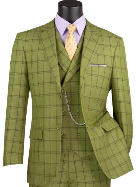 Vinci Mens Windowpane 3-Piece Suit Modern Fit - Moss Green - 38 Short Jacket+32 Waist Adjustable 28to34)(Height: 5’4”to5’7”)(Neck 15-16.5)S-M)ggg