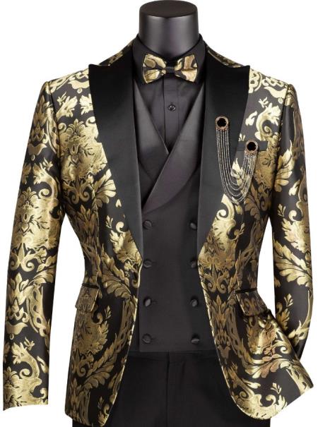 Vinci Mens Black and Gold Modern Fit 3pc Tuxedo Suit-New Designer Collection - 34 Short or Extra Small