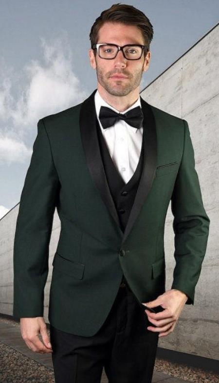 Hunter Green Tuxedo Plus Black Pants and Black Vest - Wedding and Prom 2026 Tuxedo Suit - 38 Short Jacket+32 Waist Adjustable 28to34)(Height: 5’4”to5’7”)(Neck 15-16.5)S-M)ggg