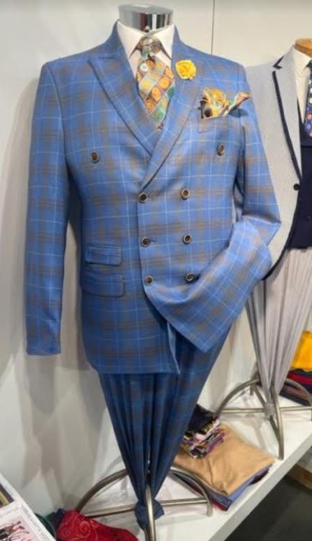 Peak Lapel Suit - Plaid Suit - Windowpane Pattern Color Suit - Steel Blue and Brown Pattern-New Designer Collection - 38 Short Jacket+32 Waist Adjustable 28to34)(Height: 5 4 to5 7 )(Neck  15-16.5)S-M)