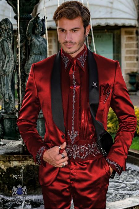 Sateen Fabric Suit - Shiny Tuxedo - Prom 2026 Suit - Groom Tuxedos - Red - 38 Short Jacket+32 Waist Adjustable 28to34)(Height: 5â€™4â€to5â€™7â€)(Neck 15-16.5)S-M)