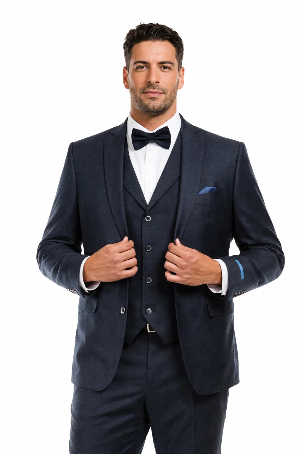 Men’s Navy Blue Vintage Tweed Wedding Suit – Two Button Jacket with Matching Vest - 38 Short Jacket+32 Waist Adjustable 28to34)(Height: 5 4 to5 7 )(Neck  15-16.5)S-M)
