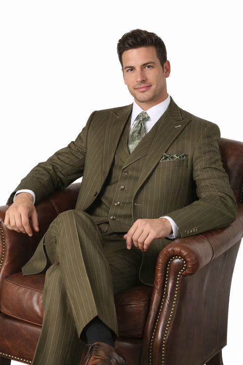 Mes Vintage Vested Gangster Pinstripe Suit Bold Olive Green Fashion 3-Piece Set