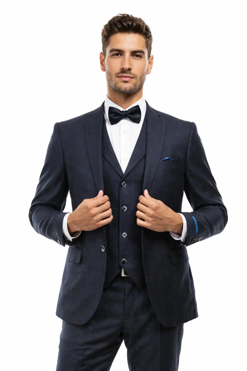 Men’s Navy Blue Vintage Tweed Wedding Suit – Two Button Jacket with Matching Vest - 38 Short Jacket+32 Waist Adjustable 28to34)(Height: 5 4 to5 7 )(Neck  15-16.5)S-M)
