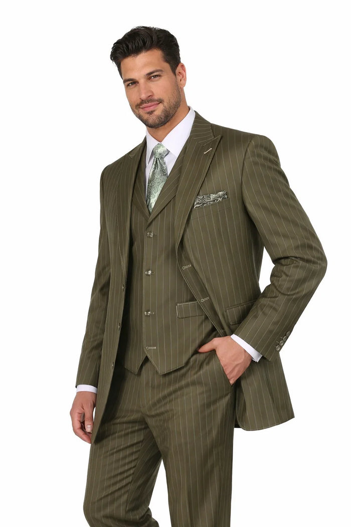 Mes Vintage Vested Gangster Pinstripe Suit Bold Olive Green Fashion 3-Piece Set