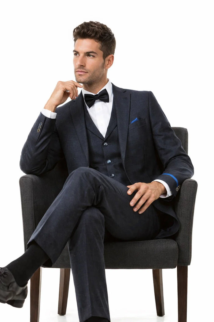 Mens Navy Blue Vintage Tweed Wedding Suit Two Button Jacket with Matching Vest