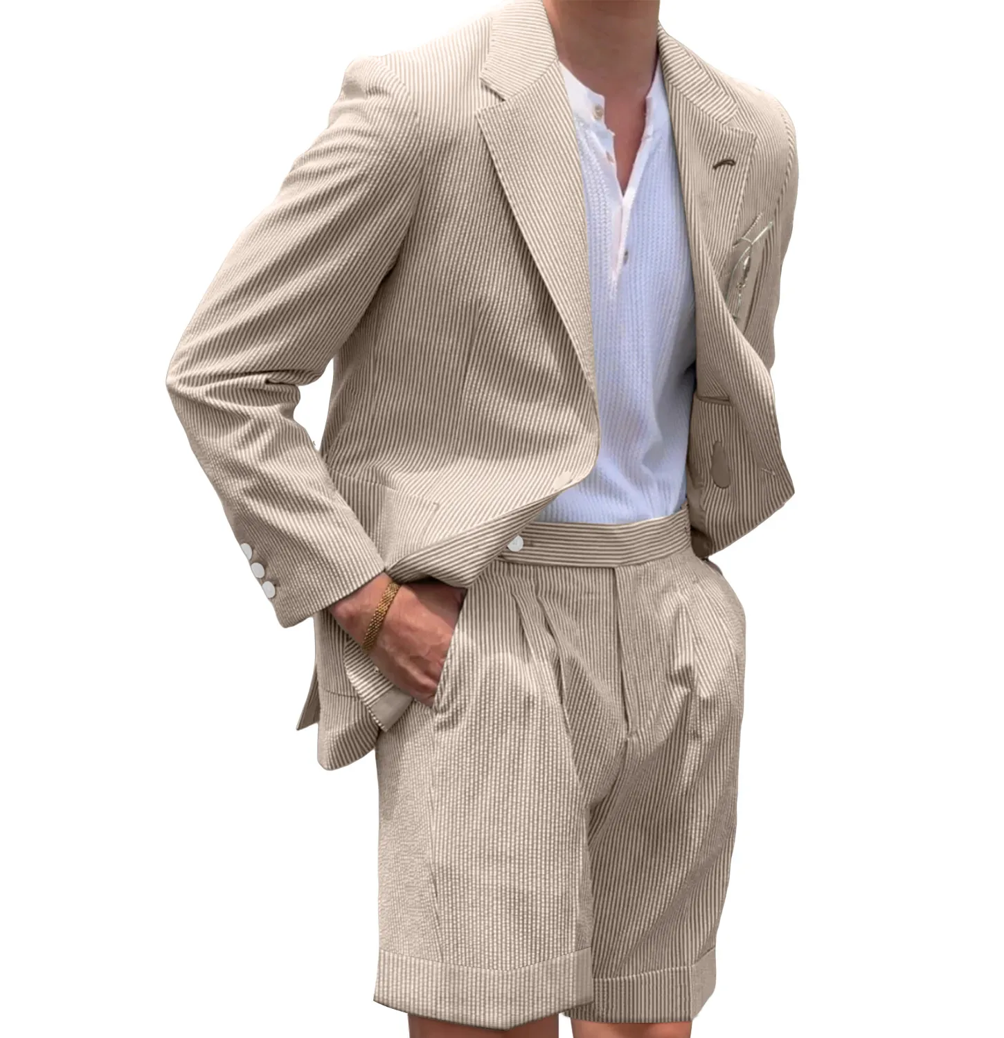 Mens Seersucker Suit With Short in Color Light Beige  - Summer Fabric Casual look Mini Pinstripe