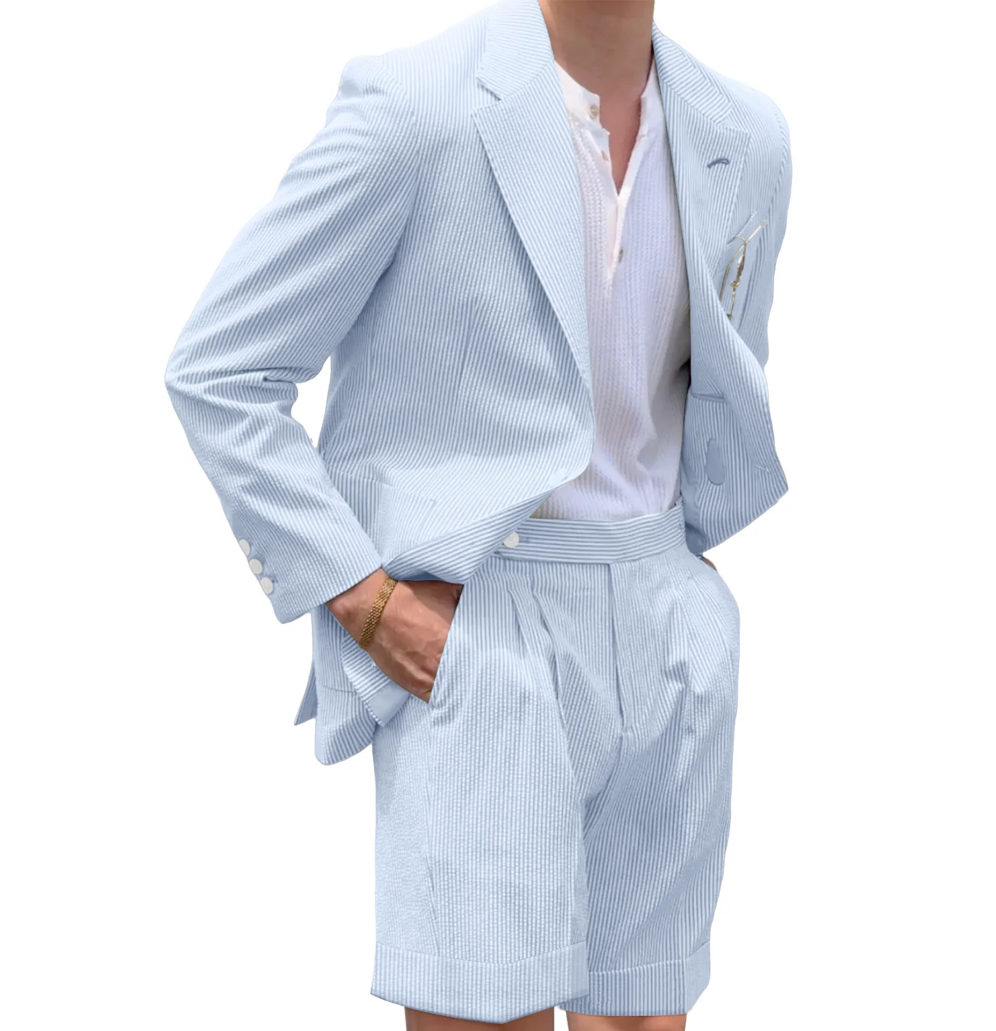 Mens Seersucker Suit With Short in Color Light Blue - Summer Fabric Casual look Mini Pinstripe - 34 Short or Extra Small