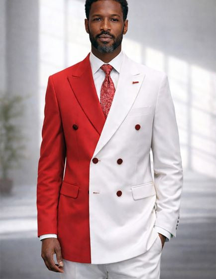 Mens Red and White Suits Modern Fit Double Breasted Suit - Real Wool Fabric By Statement - 34 Short or Extra Small