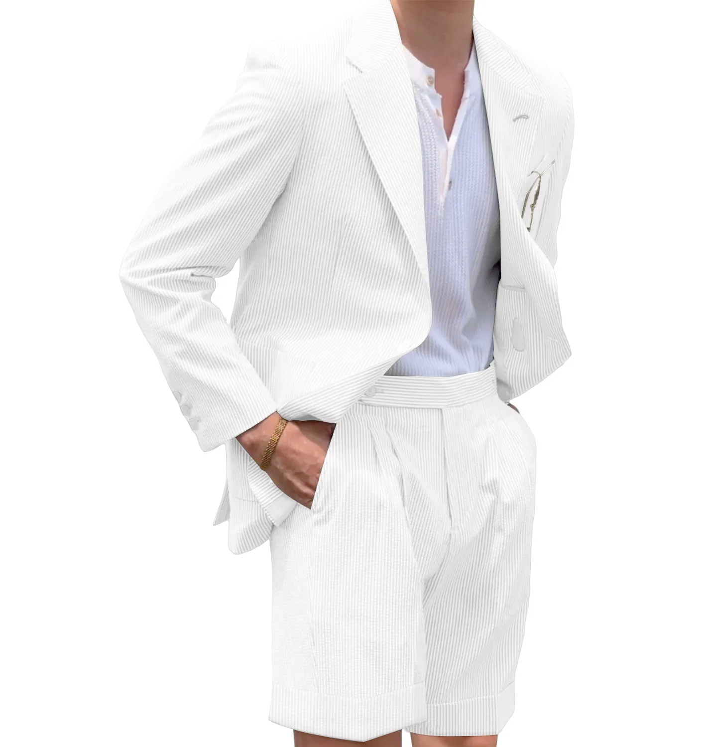 Mens Seersucker Suit With Short in Color White - Summer Fabric Casual look Mini Pinstripe - 34 Short or Extra Small