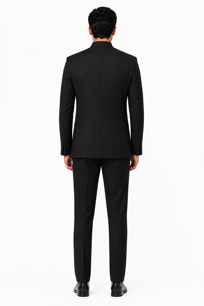 Apollo King "Black Mandarin Banded Collar Suit for Men - French Front Style"
