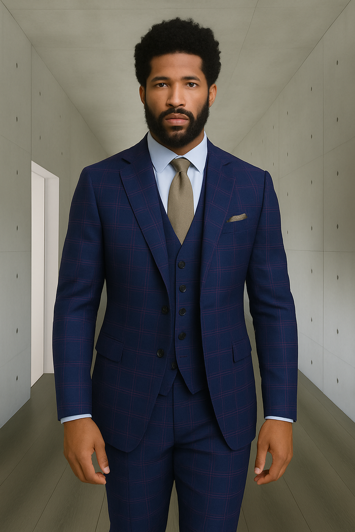 Modern Fit - Wool Suit - Italian Made Business Suit by Windowpane Texture Business Pattern Modern Fit Side Vented Men's 3 Piece 100% Wool Modern Fit Suit - Sharp Plaid Pattern