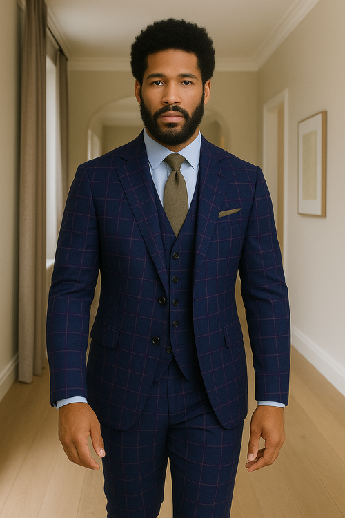 Modern Fit - Wool Suit - Italian Made Business Suit by Windowpane Texture Business Pattern Modern Fit Side Vented Men's 3 Piece 100% Wool Modern Fit Suit - Sharp Plaid Pattern