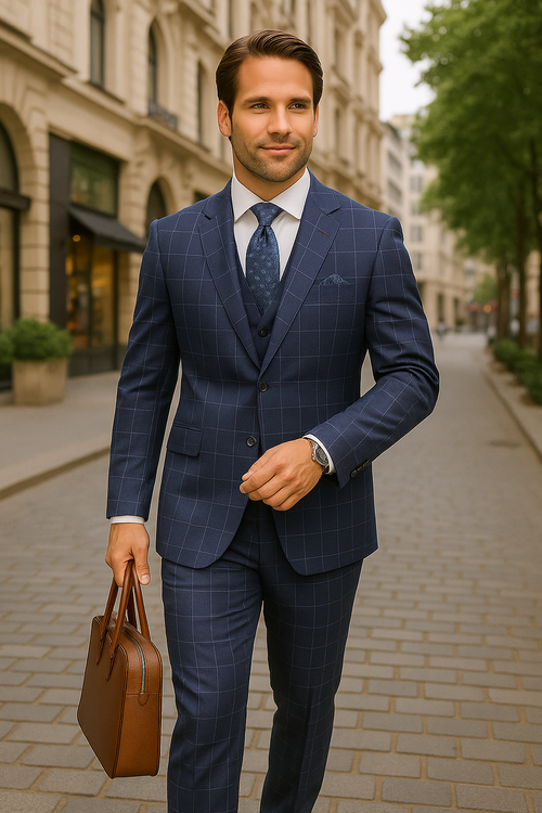 Modern Fit - Wool Suit - Italian Made Business Suit by Statement Men's 3 Piece 100% Wool Modern Fit Suit - Fashion Pattern