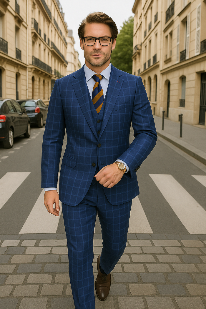 Modern Fit - Wool Suit - Italian Made Business Suit by Windowpane Texture Business Pattern Modern Fit Side Vented Men's 3 Piece 100% Wool Modern Fit Suit - Classic Plaid Pattern