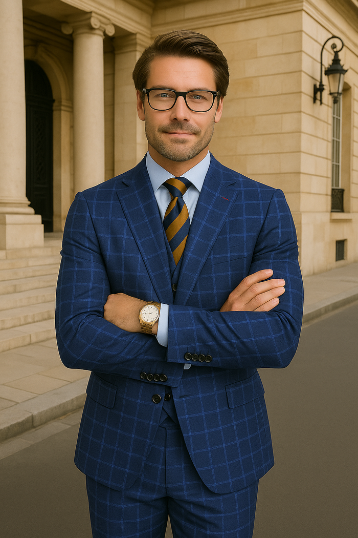 Modern Fit - Wool Suit - Italian Made Business Suit by Windowpane Texture Business Pattern Modern Fit Side Vented Men's 3 Piece 100% Wool Modern Fit Suit - Classic Plaid Pattern