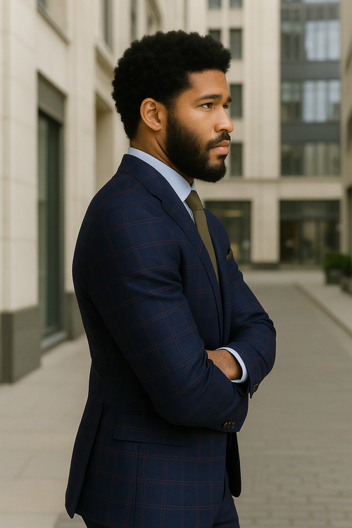 Modern Fit - Wool Suit - Italian Made Business Suit by Windowpane Texture Business Pattern Modern Fit Side Vented Men's 3 Piece 100% Wool Modern Fit Suit - Sharp Plaid Pattern