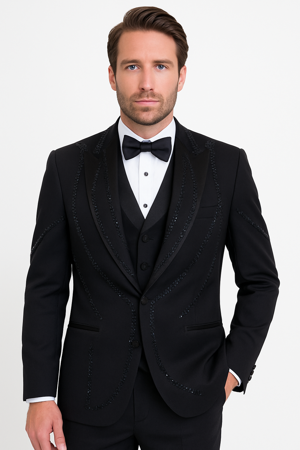 Black Italian Wool 3-Piece Modern Fit Tuxedo - 34 Short or Extra Small