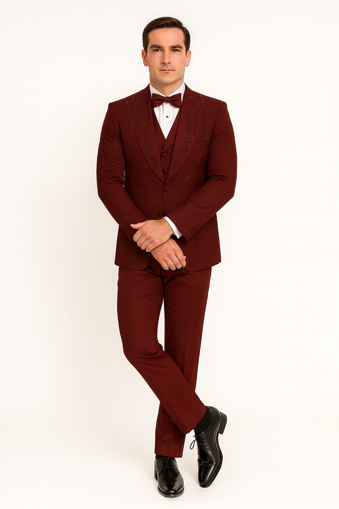Mens Burgundy Italian Wool 3-Piece Modern Formal Tuxedo