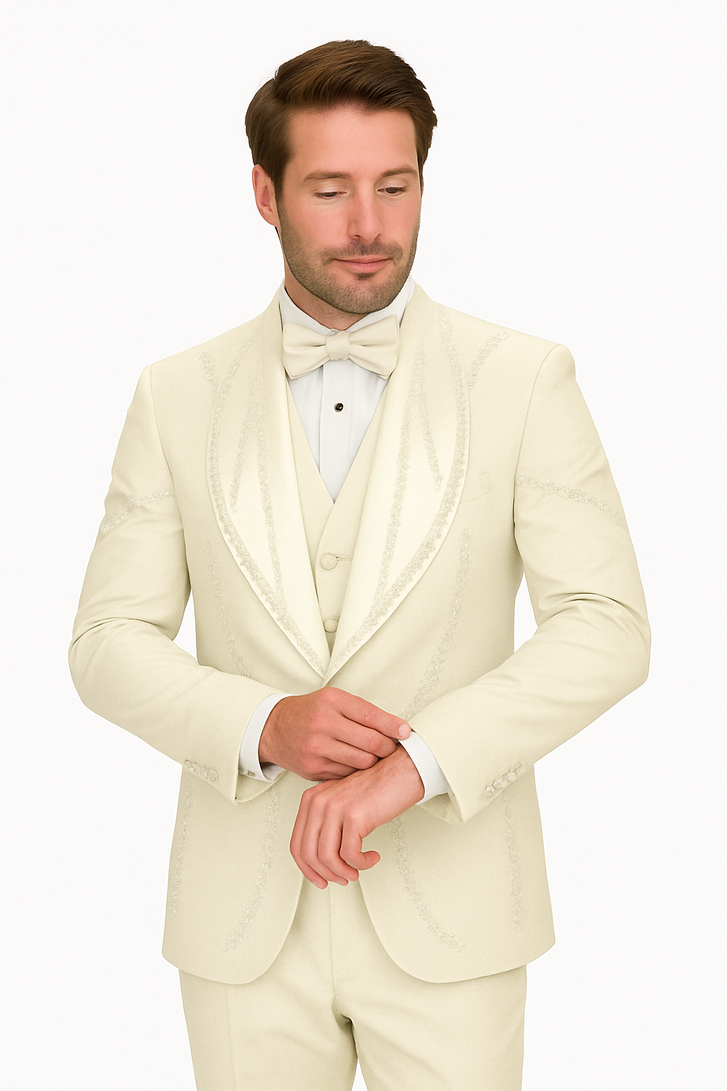 Off White Italian Wool 3-Piece Modern Fit Tuxedo - 34 Short or Extra Small