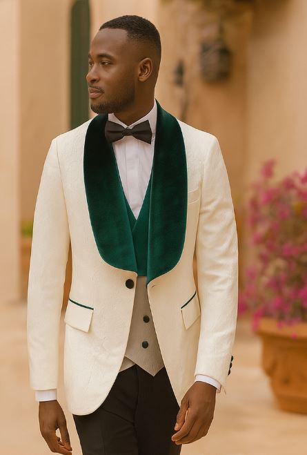 Ivory and Hunter Green Tuxedo Dinner Jacket Wide Velvet Groom Tuxedo Jacket - Prom 2026 Blazer