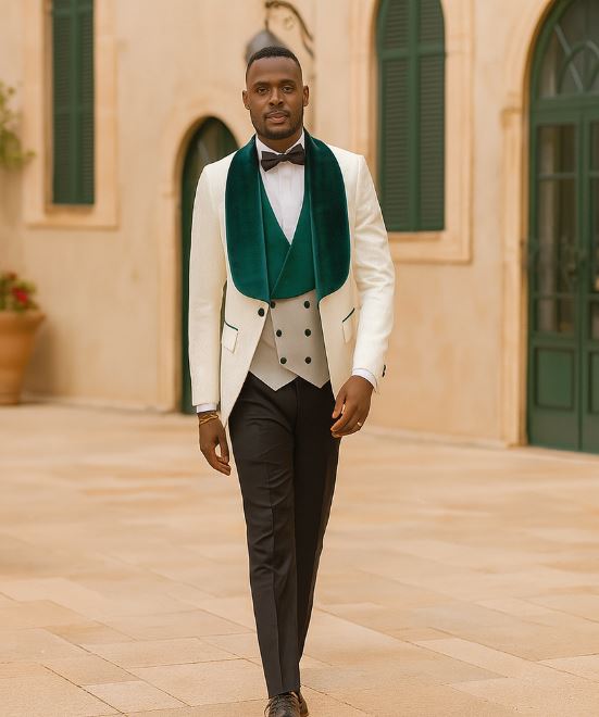 Ivory and Hunter Green Tuxedo Dinner Jacket Wide Velvet Groom Tuxedo Jacket - Prom 2026 Blazer