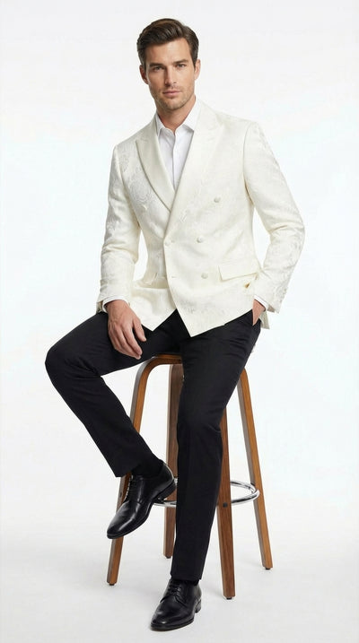 Mens Ivory Dinner Jacket  Floral Jacquard Blazer Double Breasted Satin Lapel Formal Tuxedo Jacket for Wedding  Cream Off White color