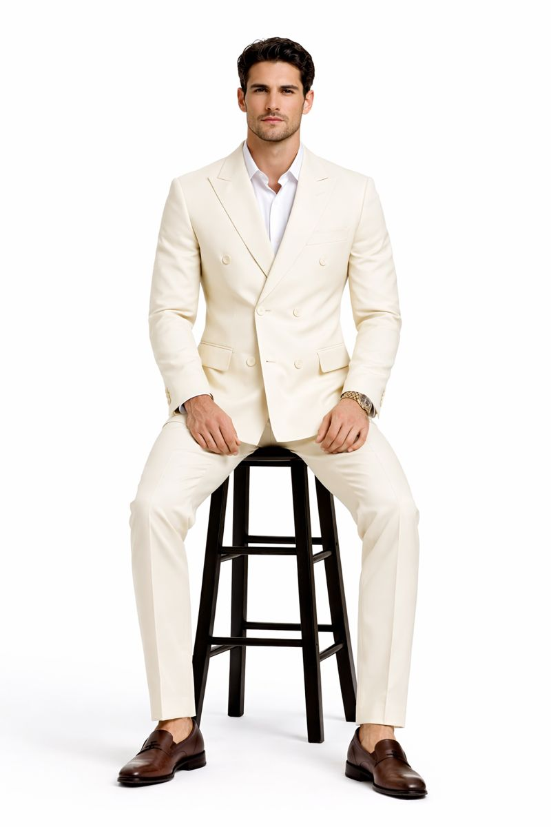 Ivory Double-Breasted Suit - Classic Summer Luxury - Coat Size 38