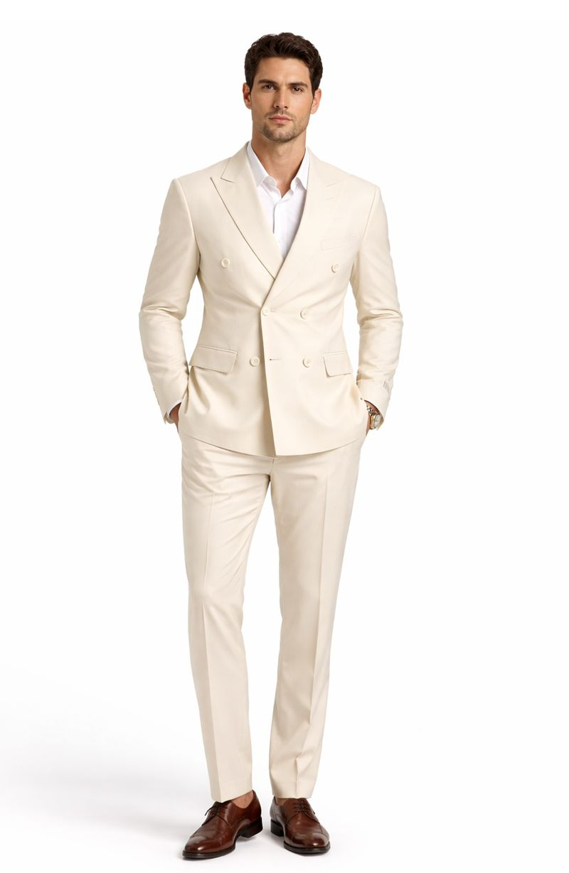 Ivory Double-Breasted Suit - Classic Summer Luxury - Coat Size 38