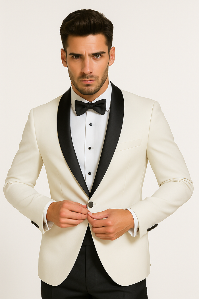 "Mens Designer Traditional Shawl Dinner Suit Jacket in Ivory"