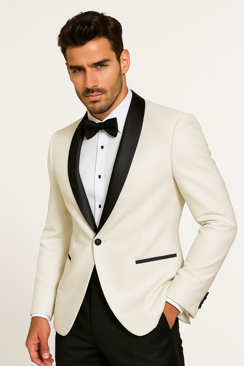 "Mens Designer Traditional Shawl Dinner Suit Jacket in Ivory"