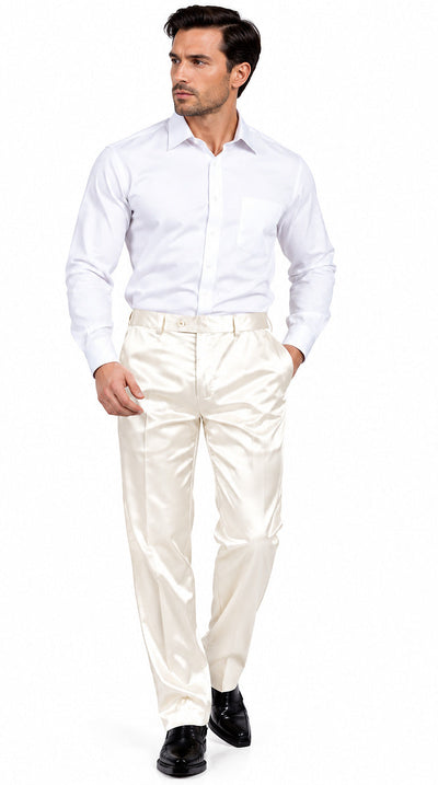 Mens Shiny Stretch Pants Solid Color Slim Fit Sateen Flashy Metallic Slacks in Color "Off White"