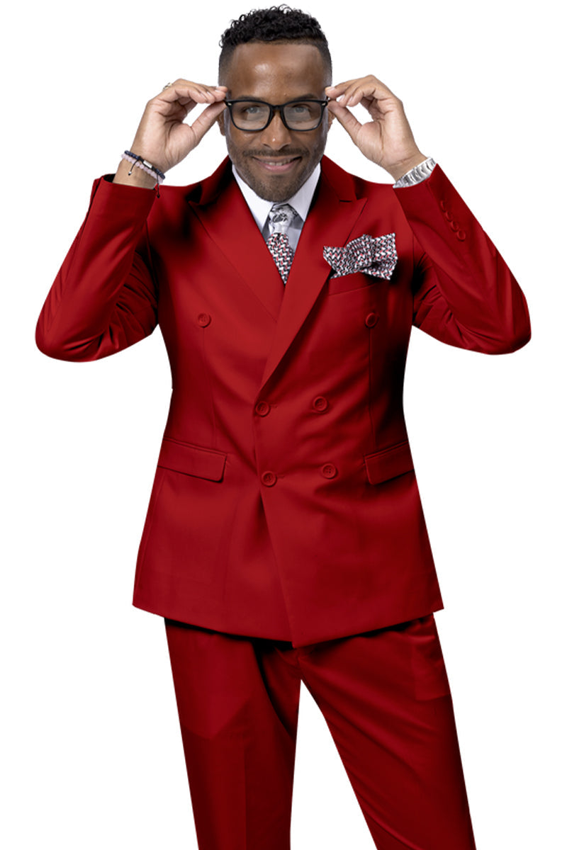 Mens Modern Double Breasted Peak Lapel Suit in Red - Red