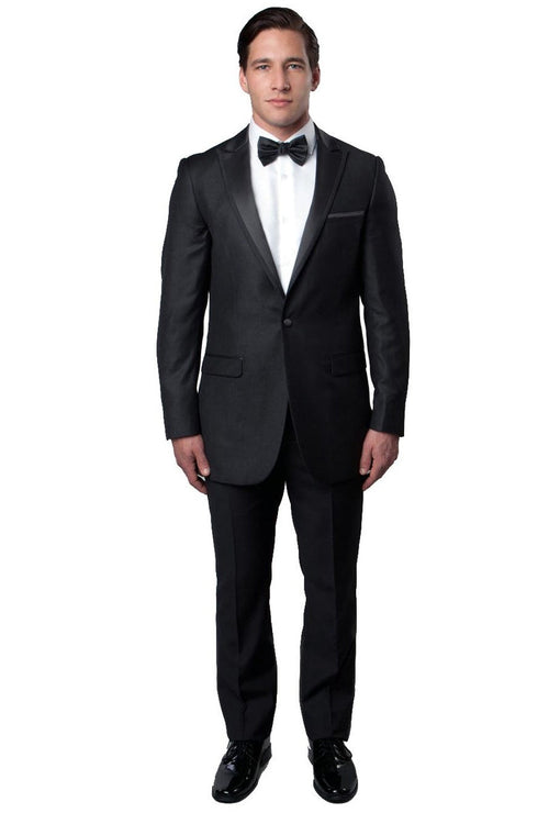 "Charcoal Grey Men's Slim Fit Tuxedo with Satin Trim - One Button Peak Lapel for Prom 2026 & Wedding"