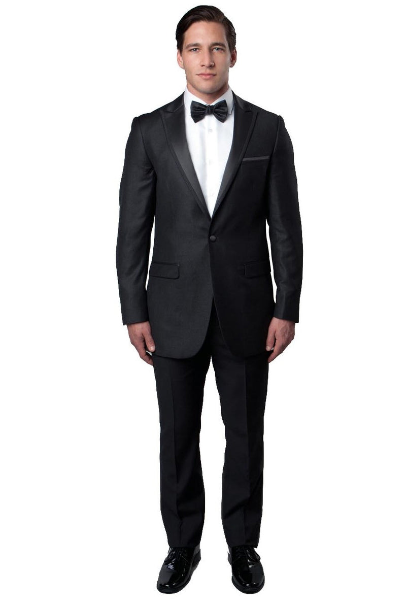 "Charcoal Grey Men's Slim Fit Tuxedo with Satin Trim - One Button Peak Lapel for Prom & Wedding"
