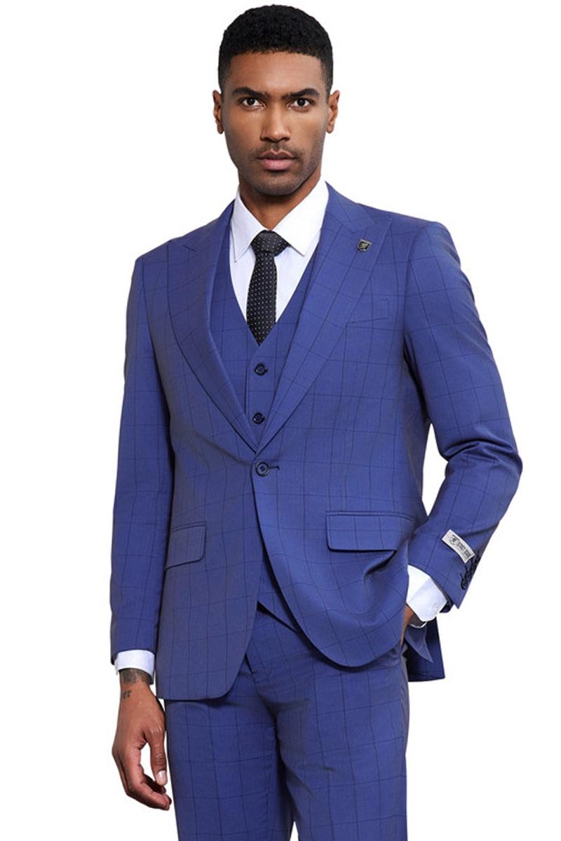 Men's Stacy Adams Modern Fit Vested Tonal Windowpane Plaid Suit in French Blue - 38 Regular