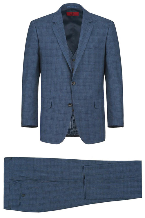 "Classic Fit Men's Two-Button Vested Suit - Navy Blue Windowpane Plaid"