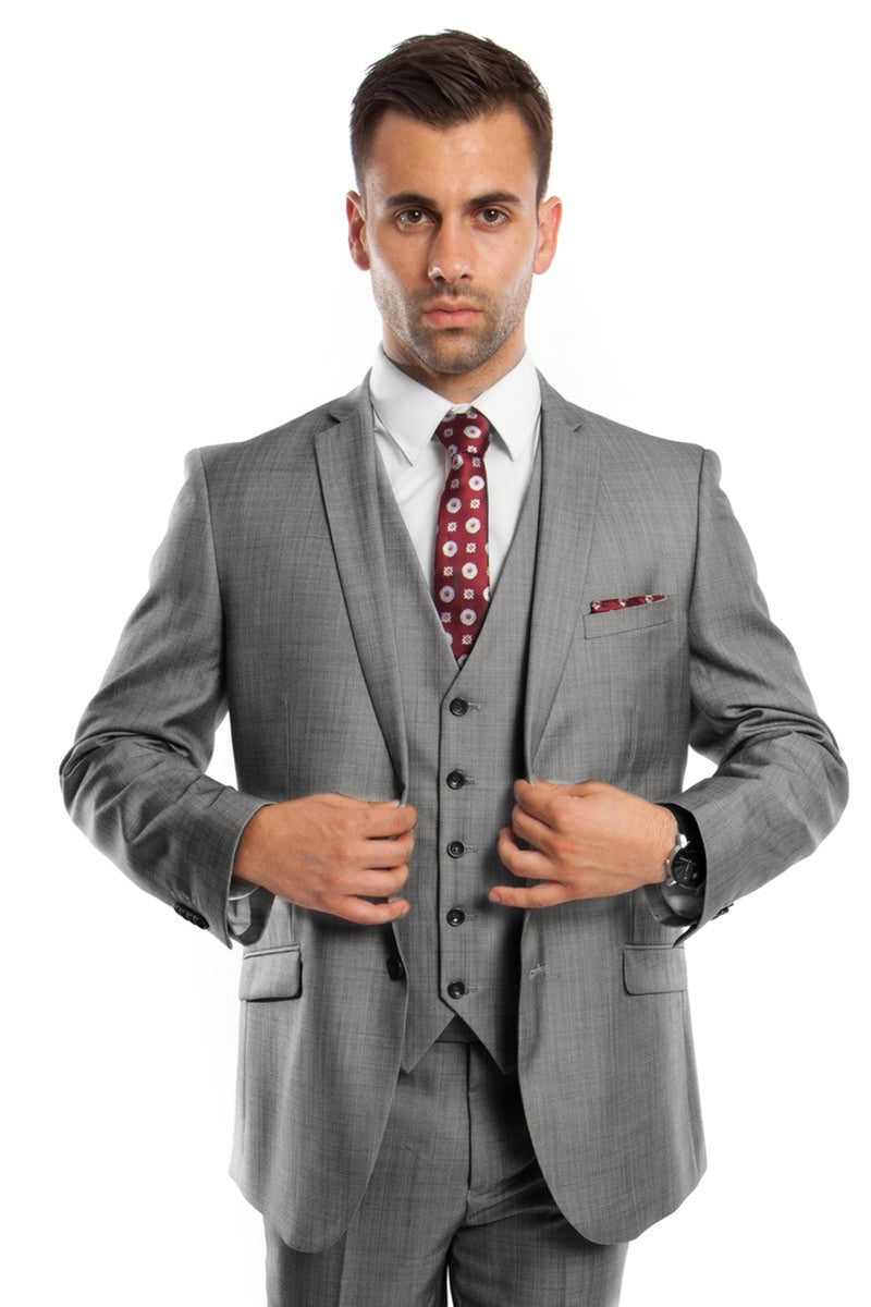 "Sharkskin Grey Men's Business Suit - Two Button Vested Style"