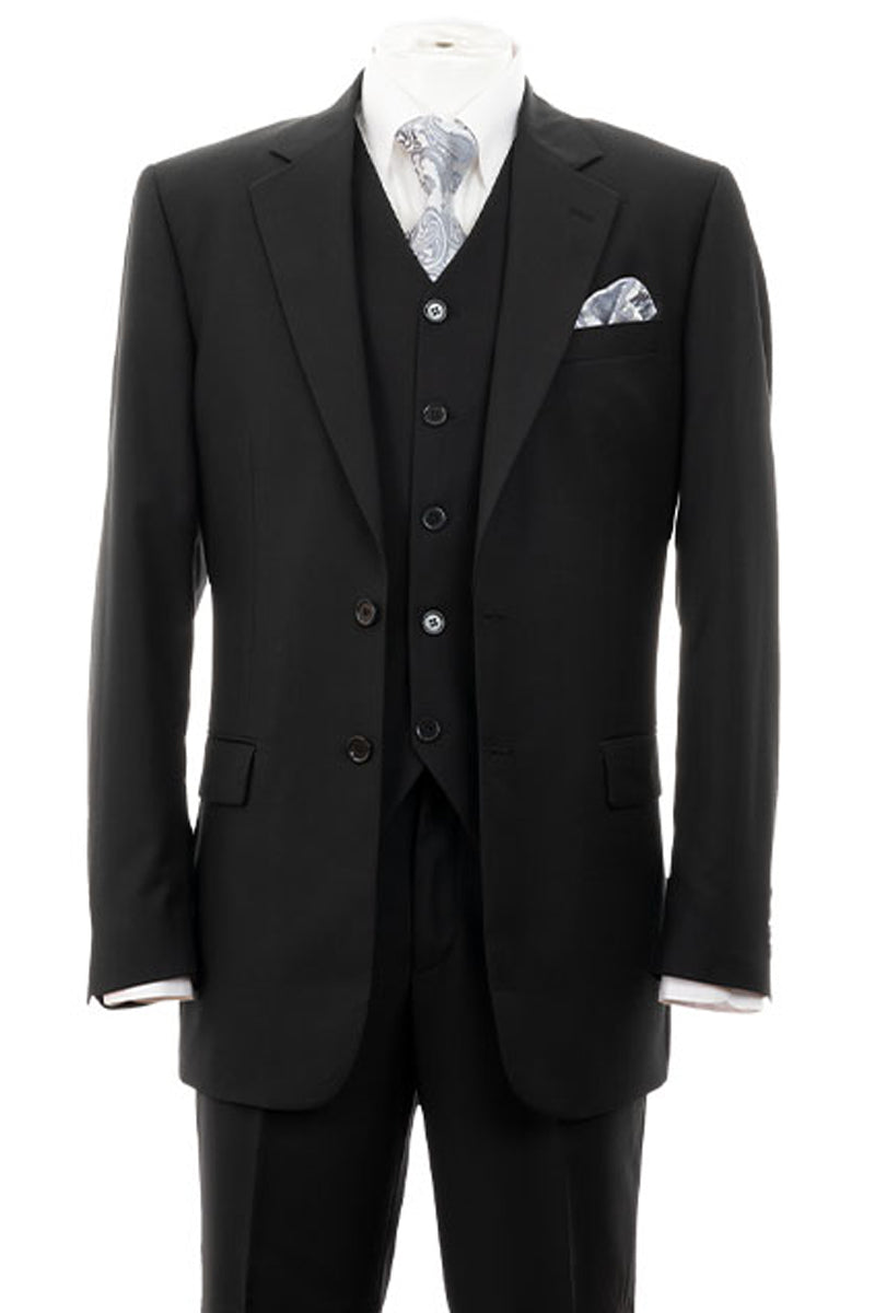 "Black Modern Fit 2 Button Vested Men's Suit - Classic Elegance"