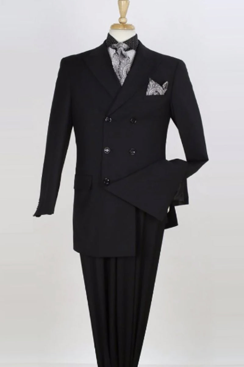 "Black Men's Double Breasted Wool Suit - Three Quarter Length Fashion Vested"
