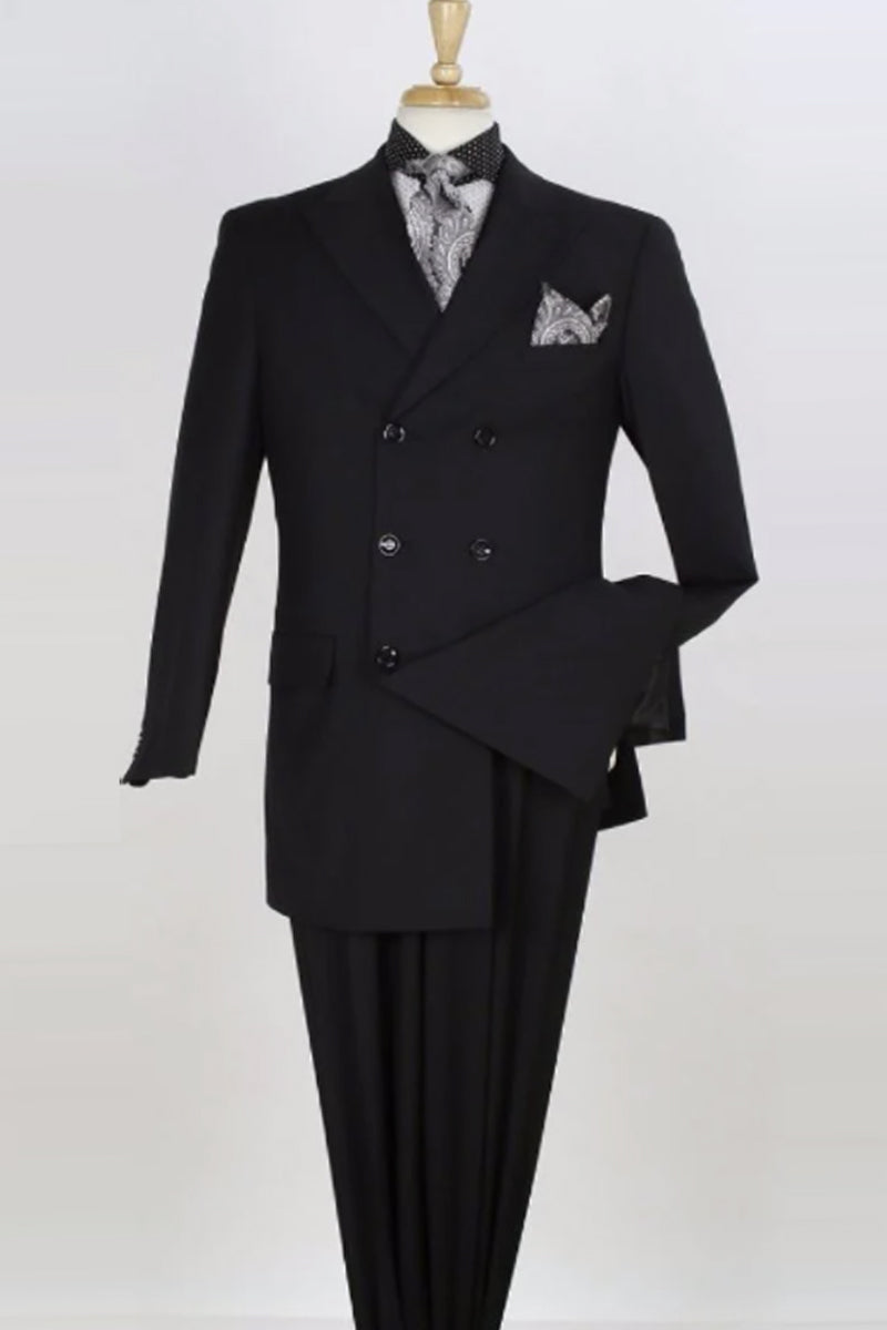 "Men's Double Breasted Wool Suit - Solid Black, Three Quarter Length" - 34 Regular