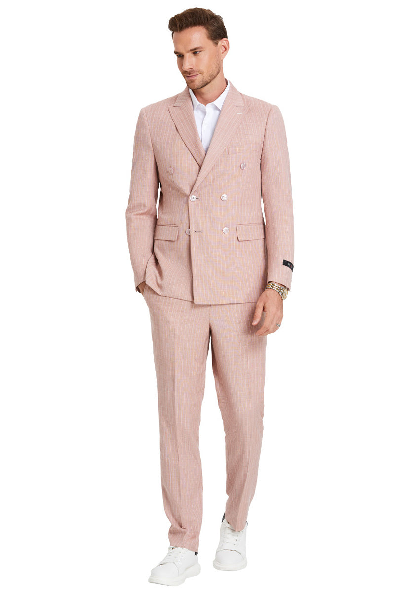 "Men's Slim Fit Double Breasted Pastel Suit - Rose Pink Pinstripe Summer Style"