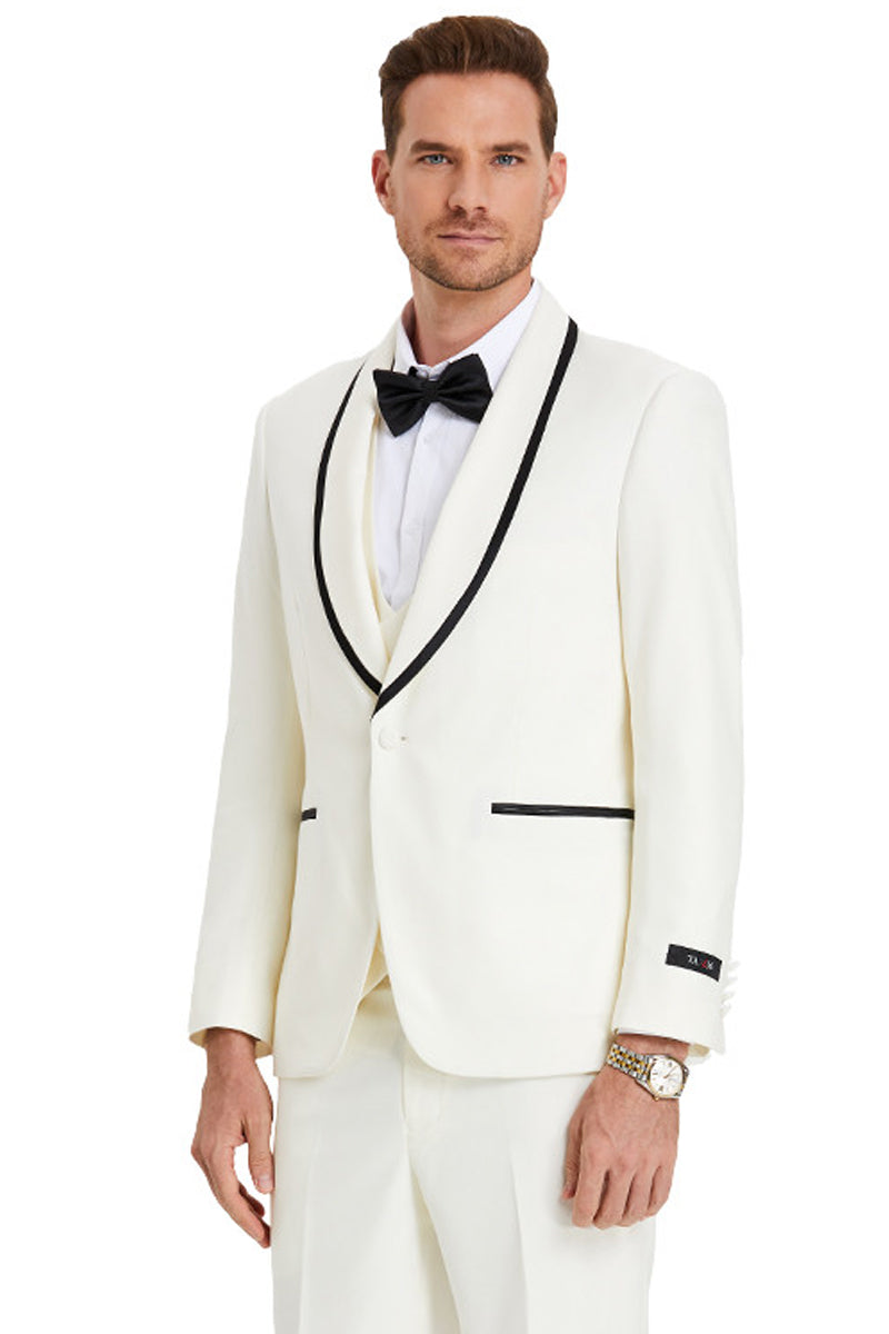 Ivory Birdseye Men's Shawl Tuxedo with One Button Vested & Black Satin Trim - 34 Short